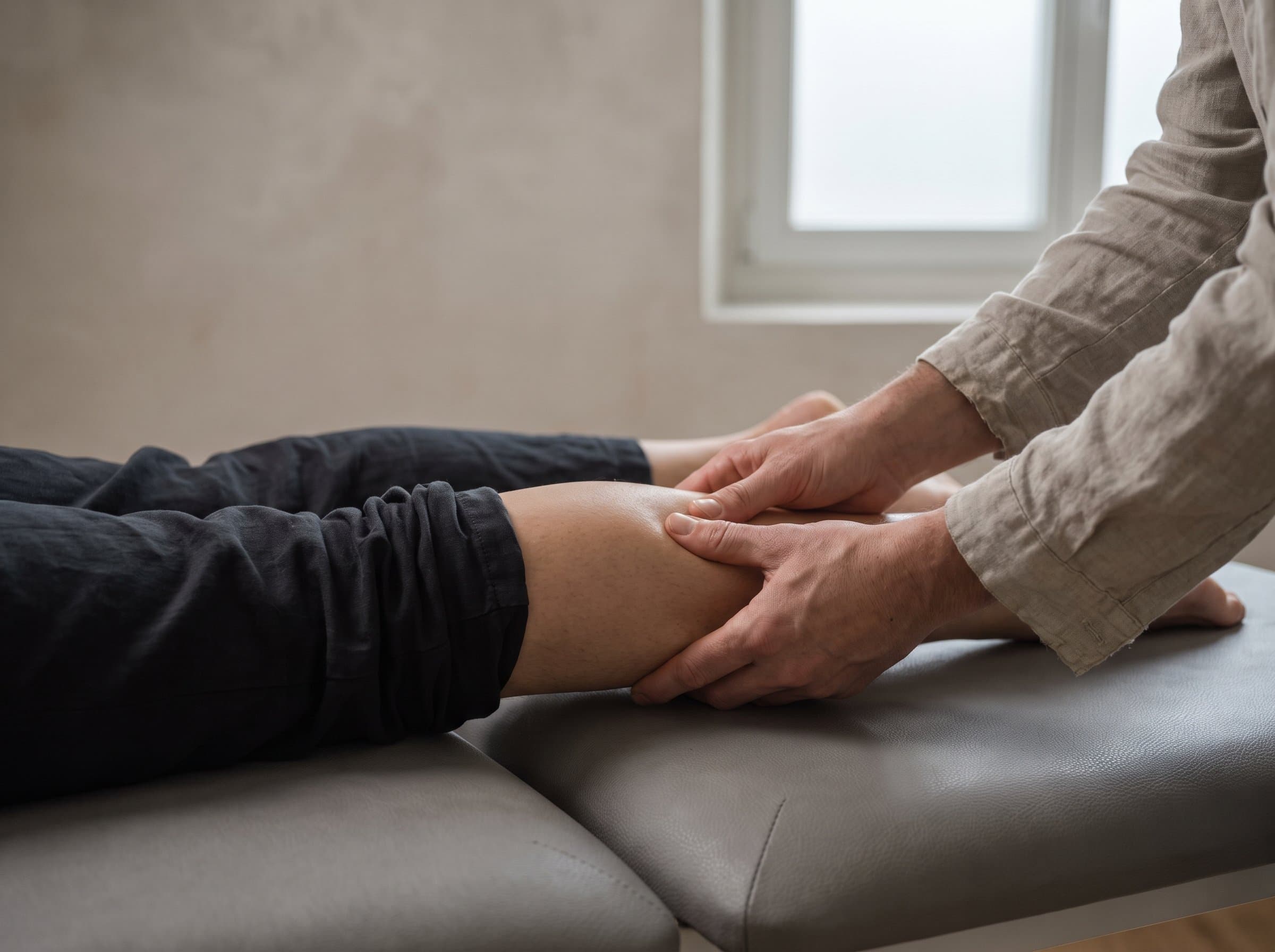 Therapeutische Hände bearbeiten die Wadenmuskulatur auf der Behandlungsliege