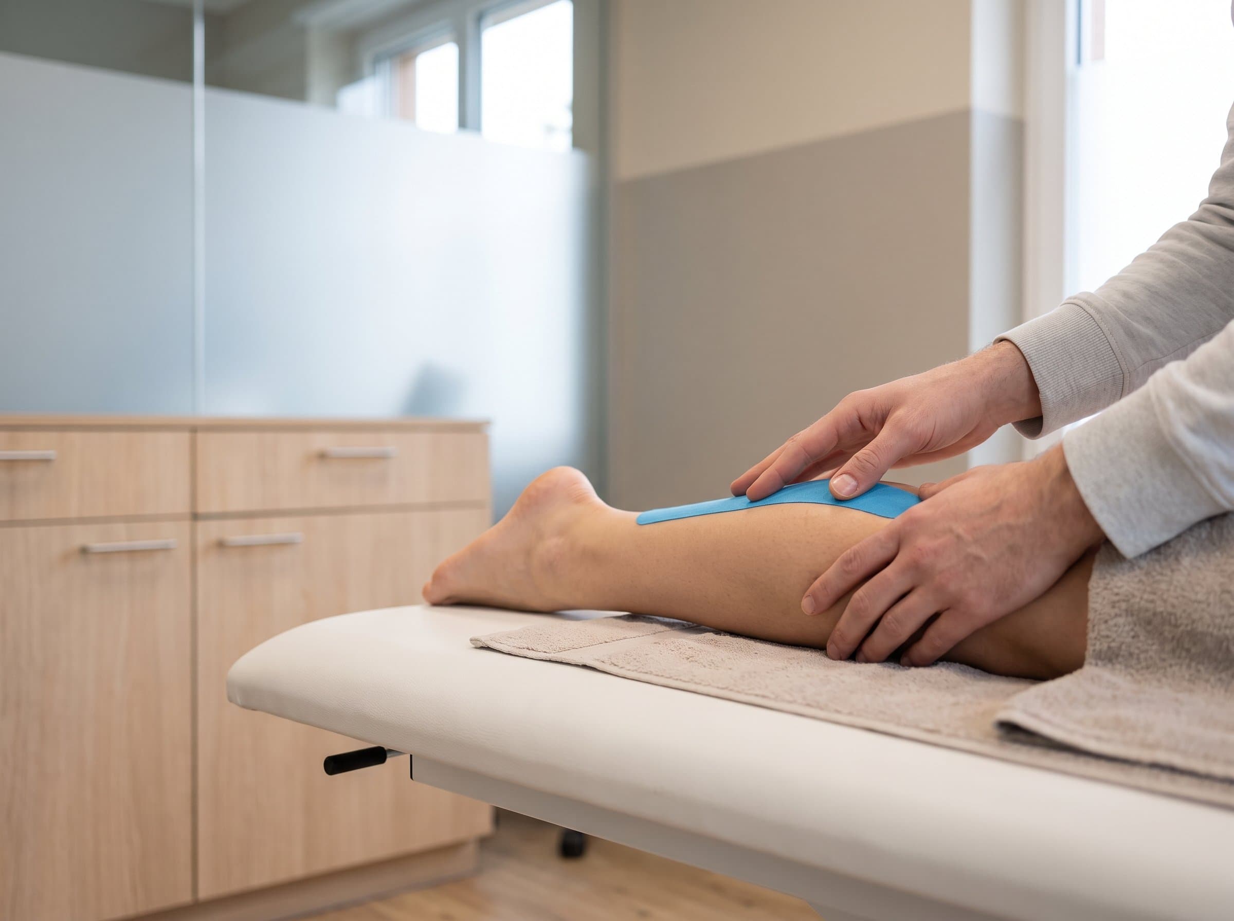 Kinesiotape wird der Wade entlang angelegt und glattgestrichen