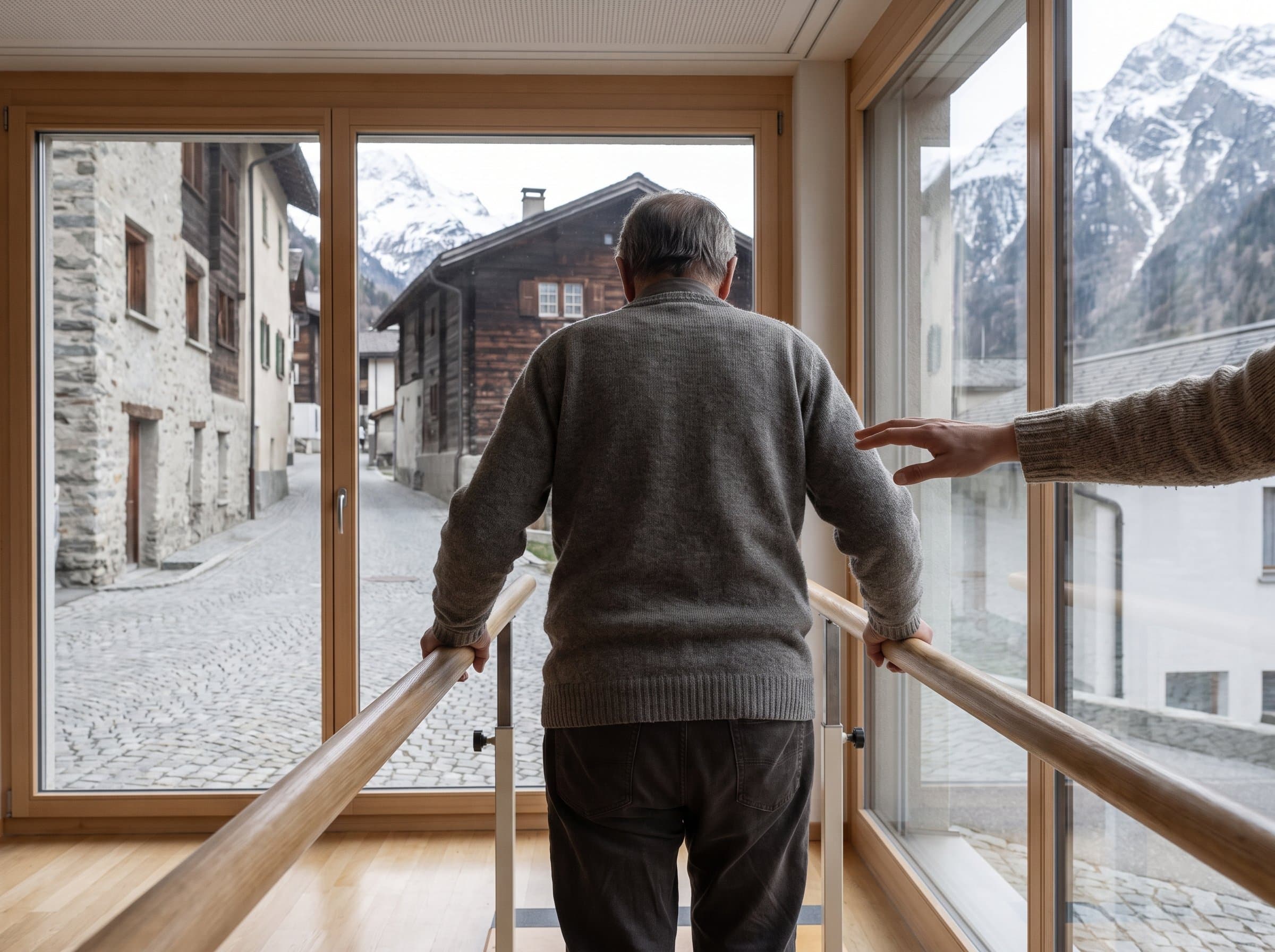 Eine Patientin geht sicher zwischen den Barren, die Hand der Therapeutin sichert